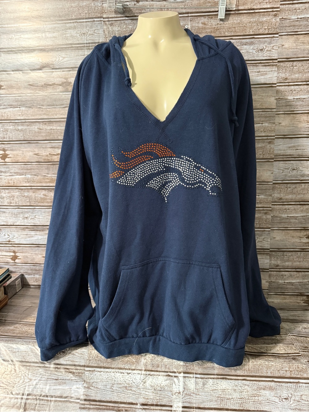 Navy Rhinestone Broncos Hooded Pullover XXXL 3XL Hoodie Denver